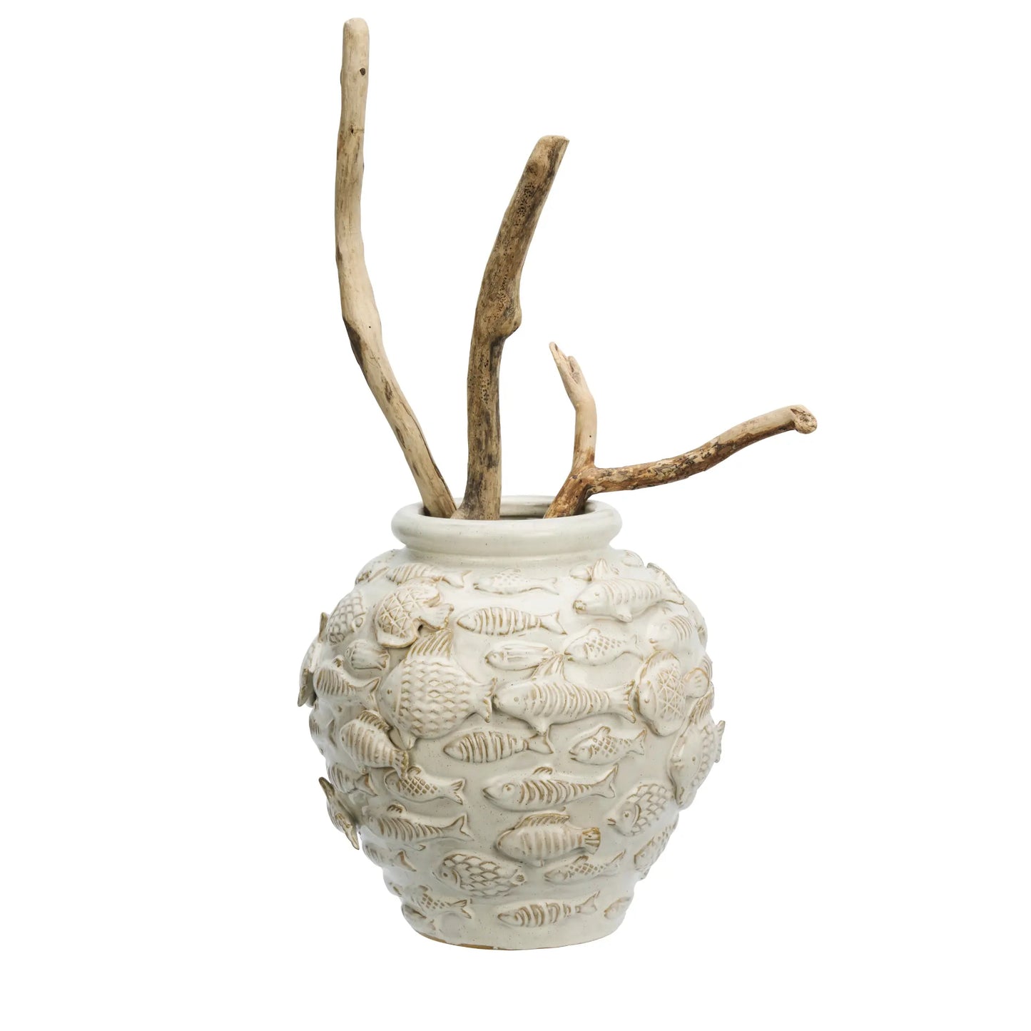 Madam Stoltz Stoneware Fish Vas, Off White