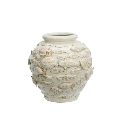 Madam Stoltz Stoneware Fish Vas, Off White