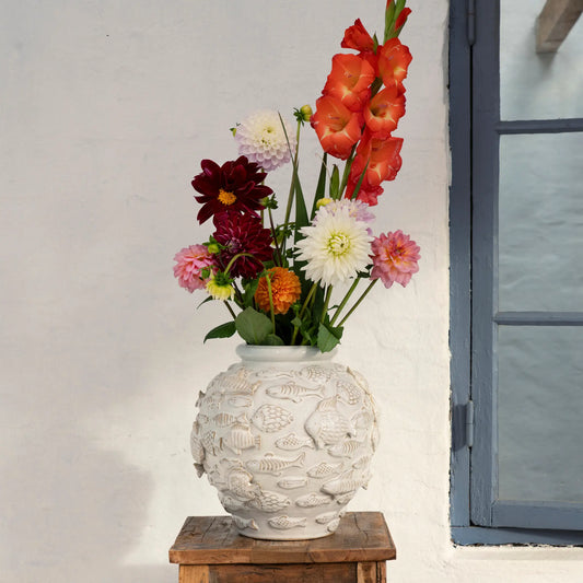 Madam Stoltz Stoneware Fish Vas, Off White